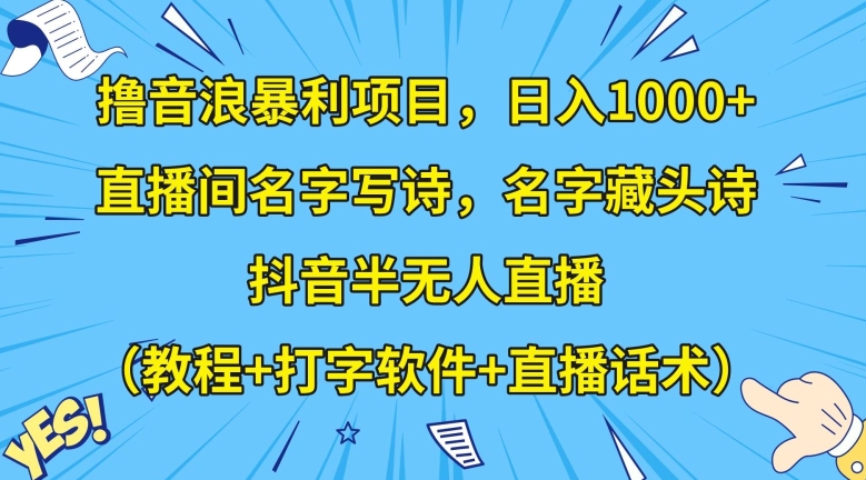 撸音浪暴利项目，日入1000+，直播间名字写诗，名字藏头诗，抖音半无人直播（教程+打字软件+直播话术）【揭秘】